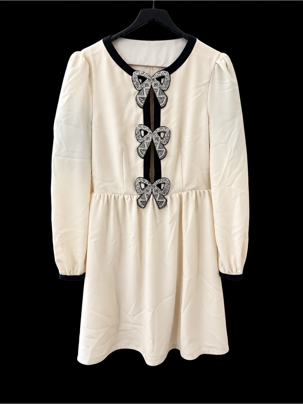 SALONI Cream Long-Sleeve Mini Dress with Black Trim and Crystal Bow Accents